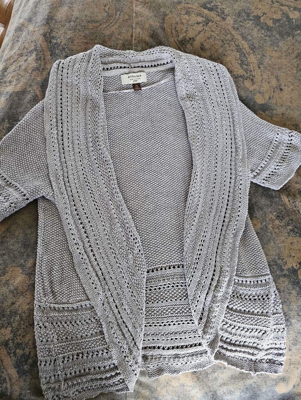 Open Front Open Knit 100% Cotton Cardi Short Sleeve Sz. Petite Small Gray
